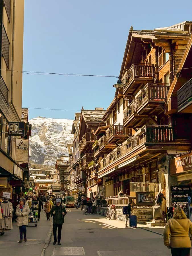 Traditional Swiss buildings on the main high street of Zermatt.