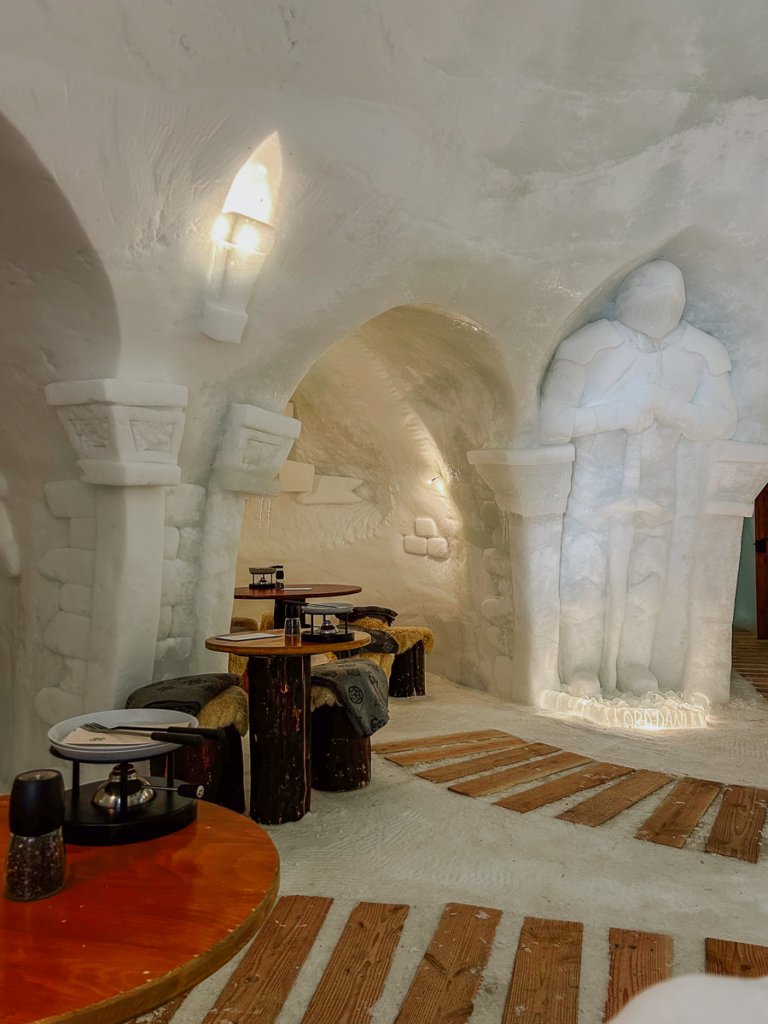 Fondue tables inside a large igloo in Zermatt
