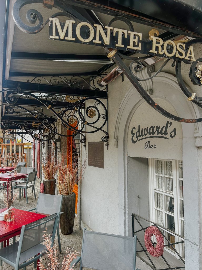 Outdoor seating at Hotel Monte Rosa and Edwards bar in Zermatt.
