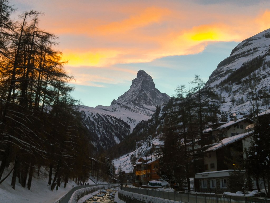 Zermatt and the Matterhorn with a golden sunset.