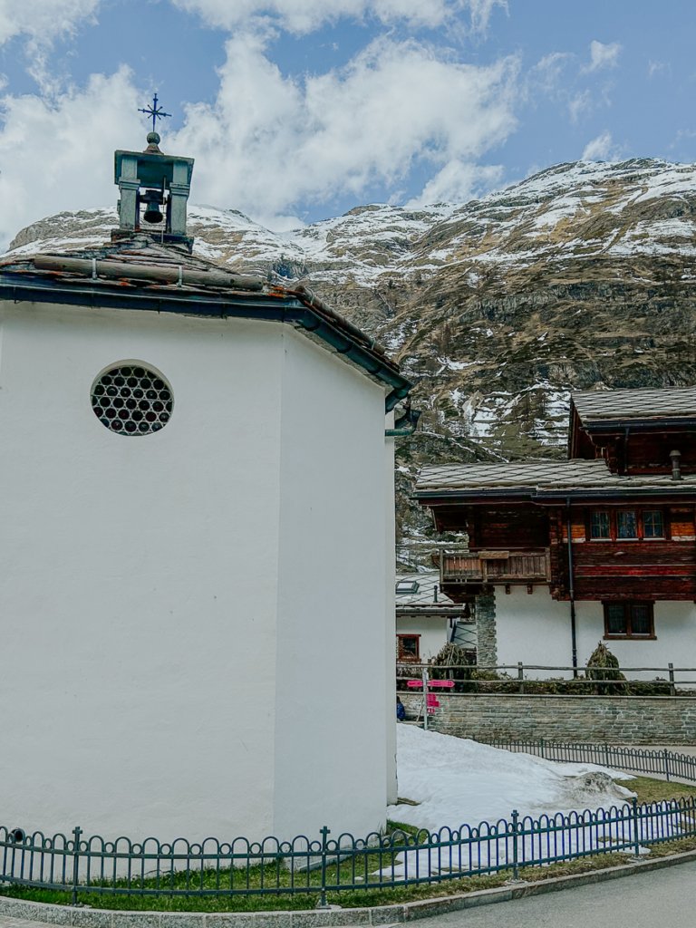 A church and mountain view in Winkelmatten, Zermatt.