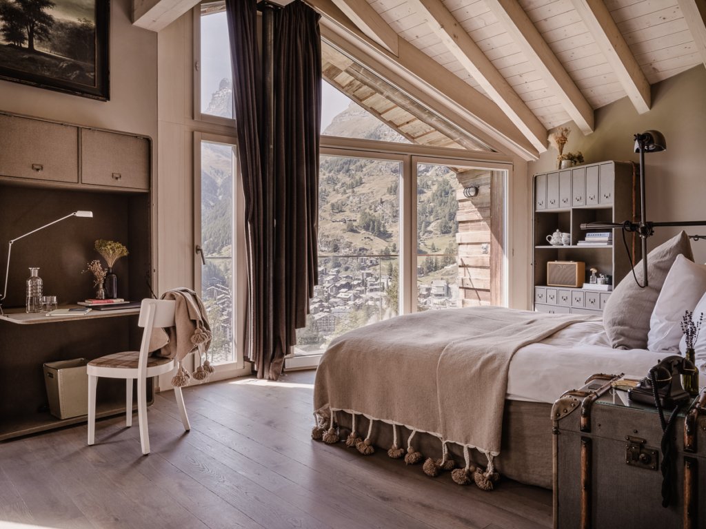 A rustic chic room with a Matterhorn view at CERVO, Zermatt
