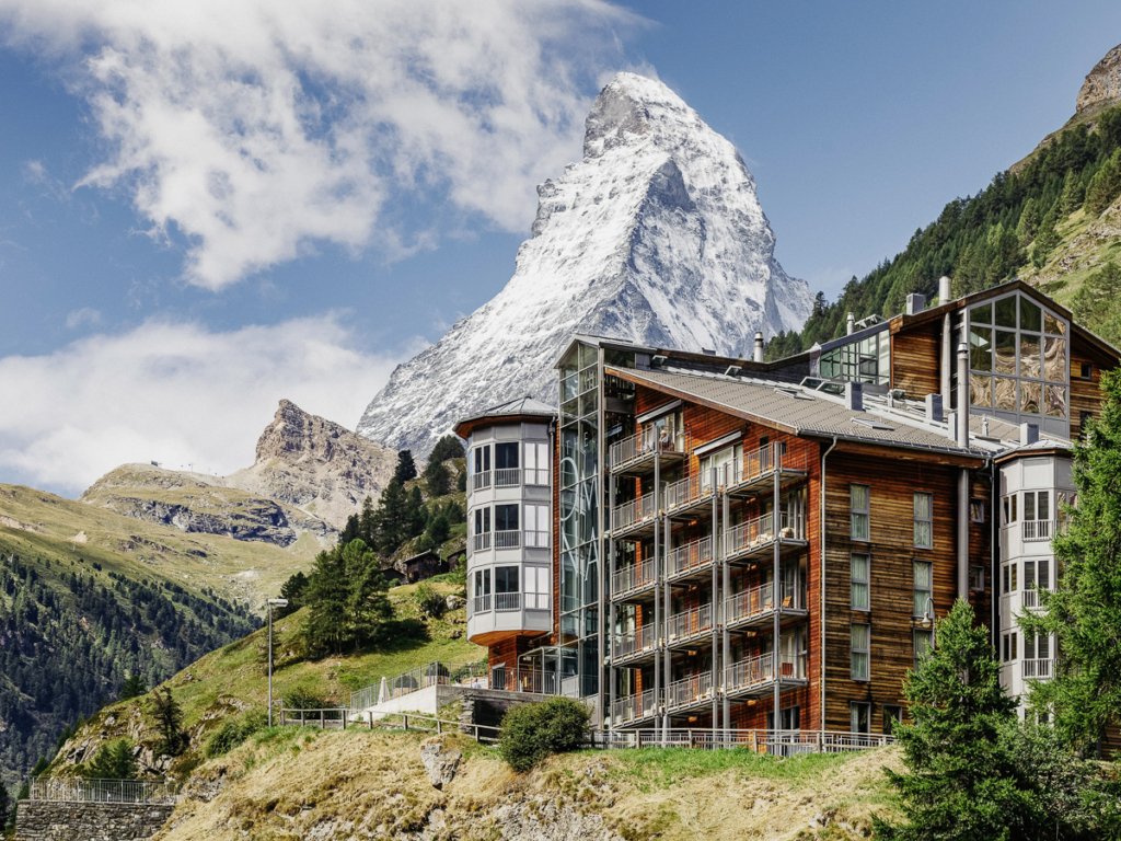 The Omnia in front of the Matterhorn, one of our top hotel recommendations in Zermatt, Switzerland.
