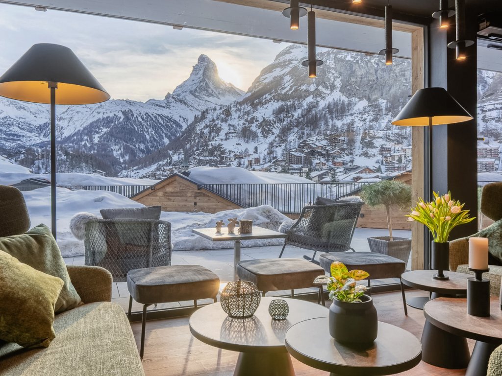 A view of the snow-covered Matterhorn from the Welschen hotel, Zermatt