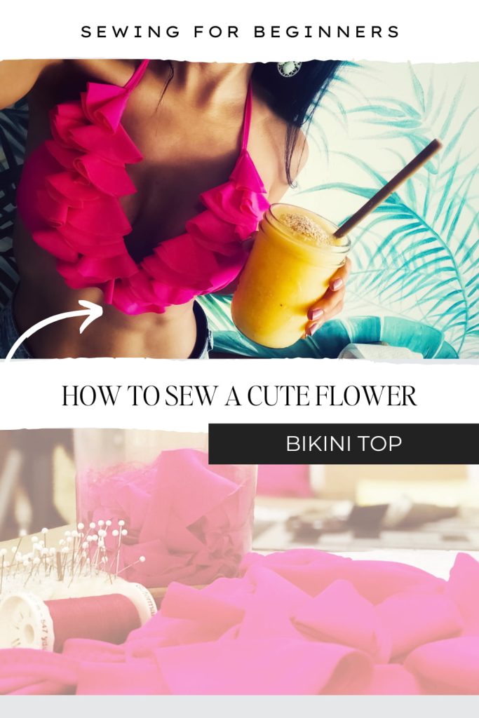 Table with scraps of fabric, pins and an image of the bikini top already made