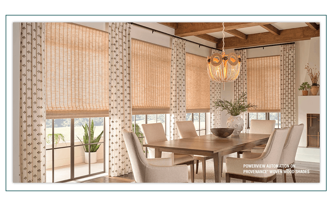 Elegant woven wood shades with power-view automation, perfect for living room windows.