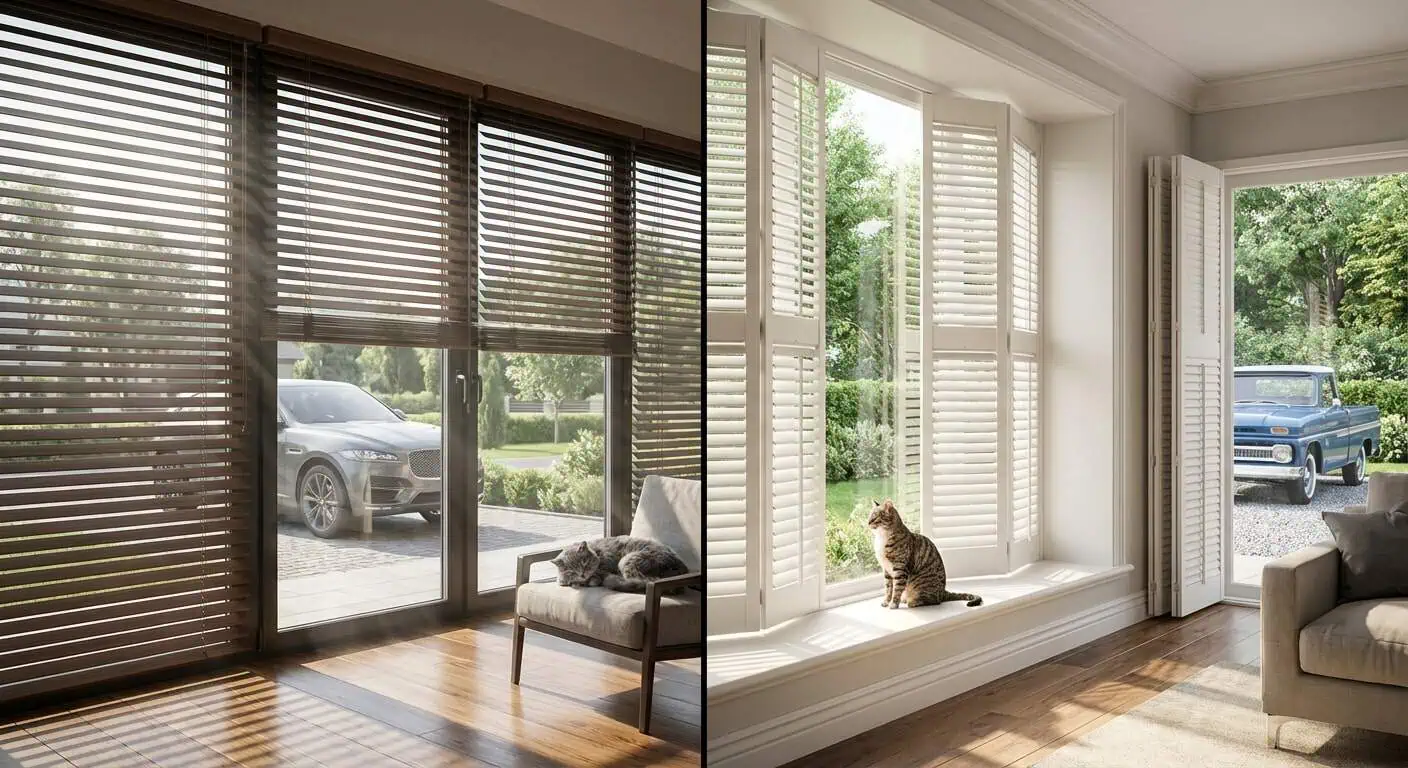 Bright living room showcasing large windows with shutters, a gray cat napping, and a classic truck outside.