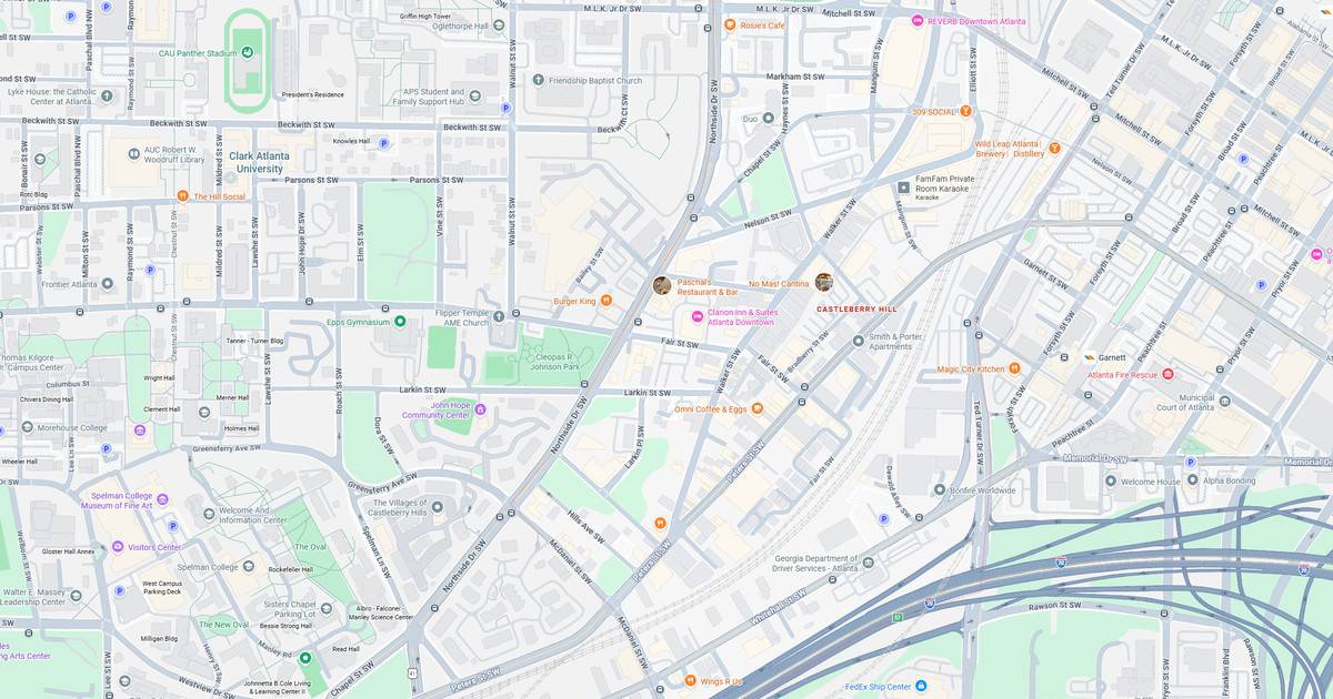 Map of Atlanta city showing transit routes, parks, and major streets for navigation.