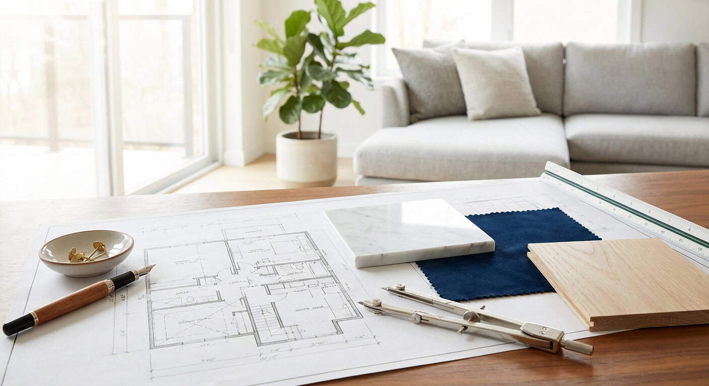 Blueprints and interior design samples on a wooden table in a bright, modern living room.