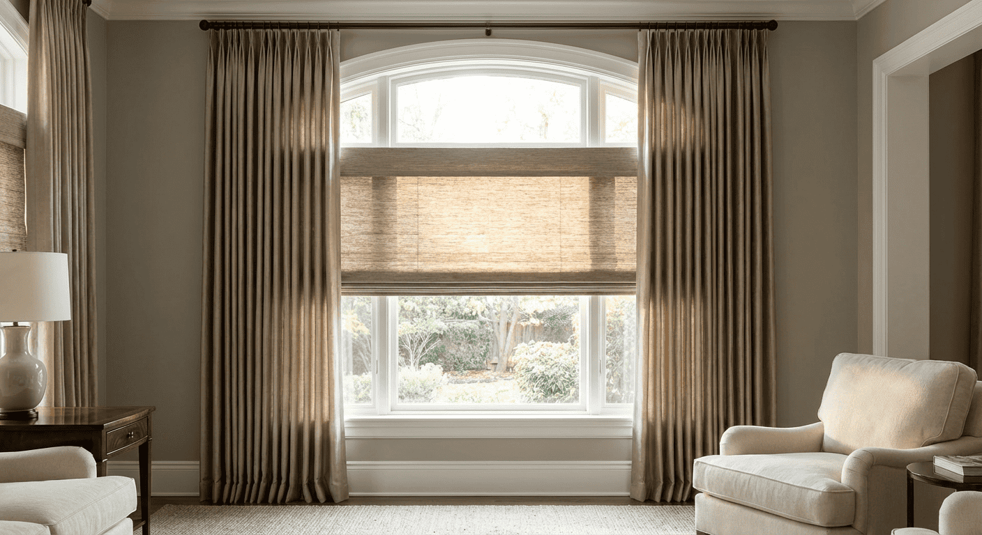 Large living room window with beige curtains and roller blinds, overlooking a garden.