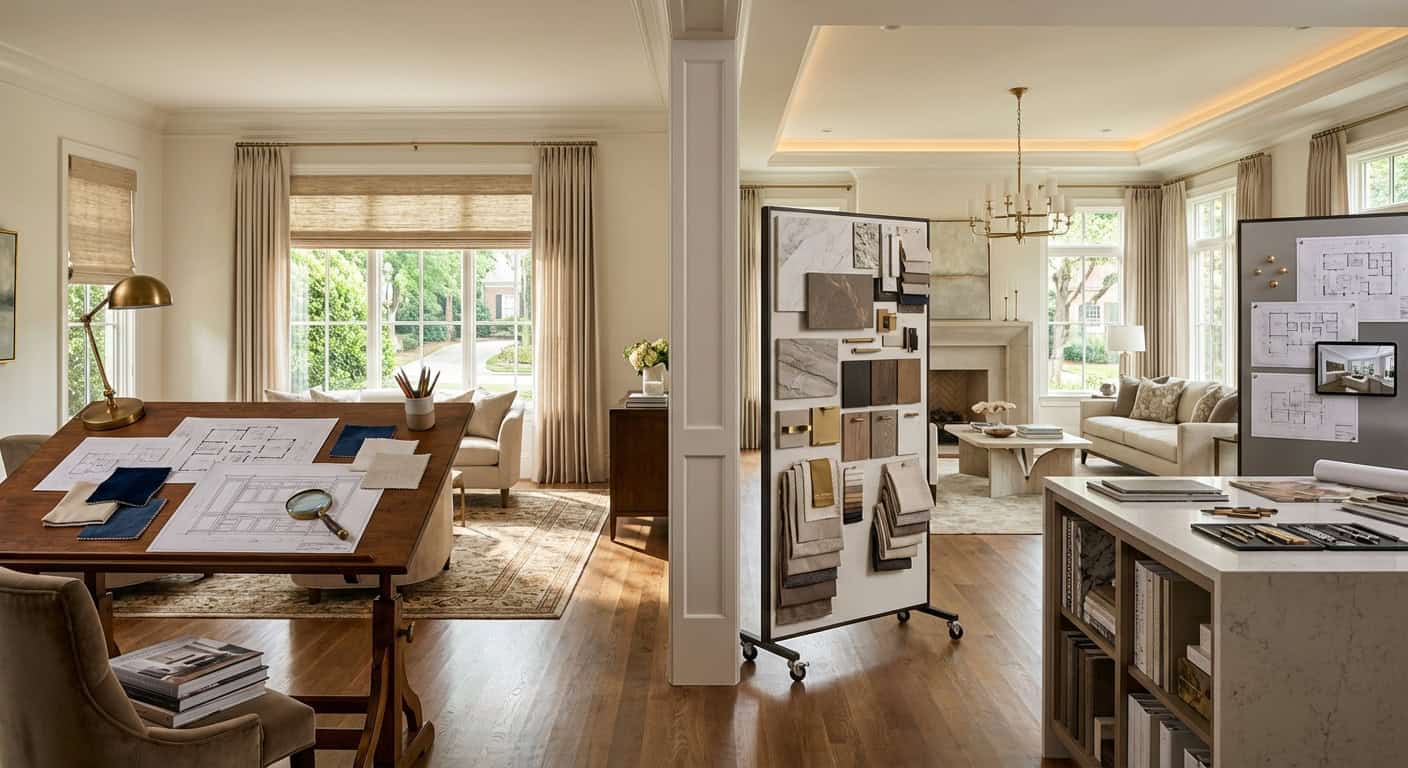 Bright living room with workspace and interior design samples.