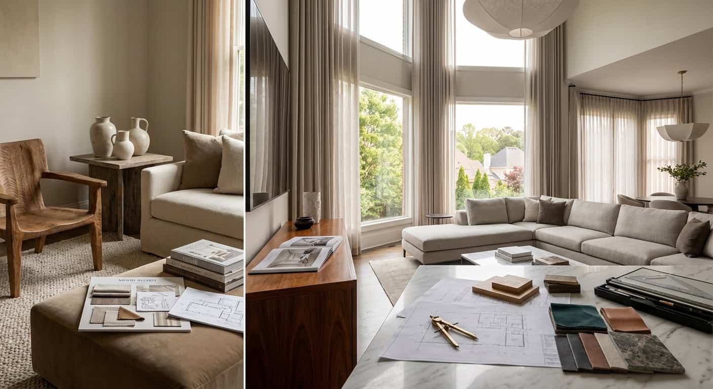 Bright living room with large windows, natural light, and stylish furniture.