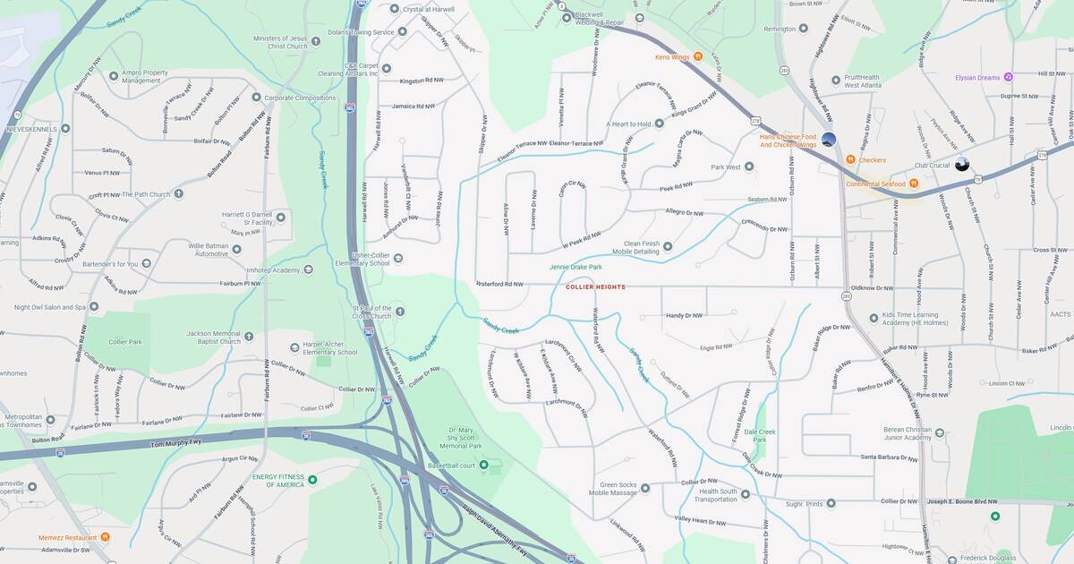 Detailed map showing highways, roads, and surrounding green spaces.