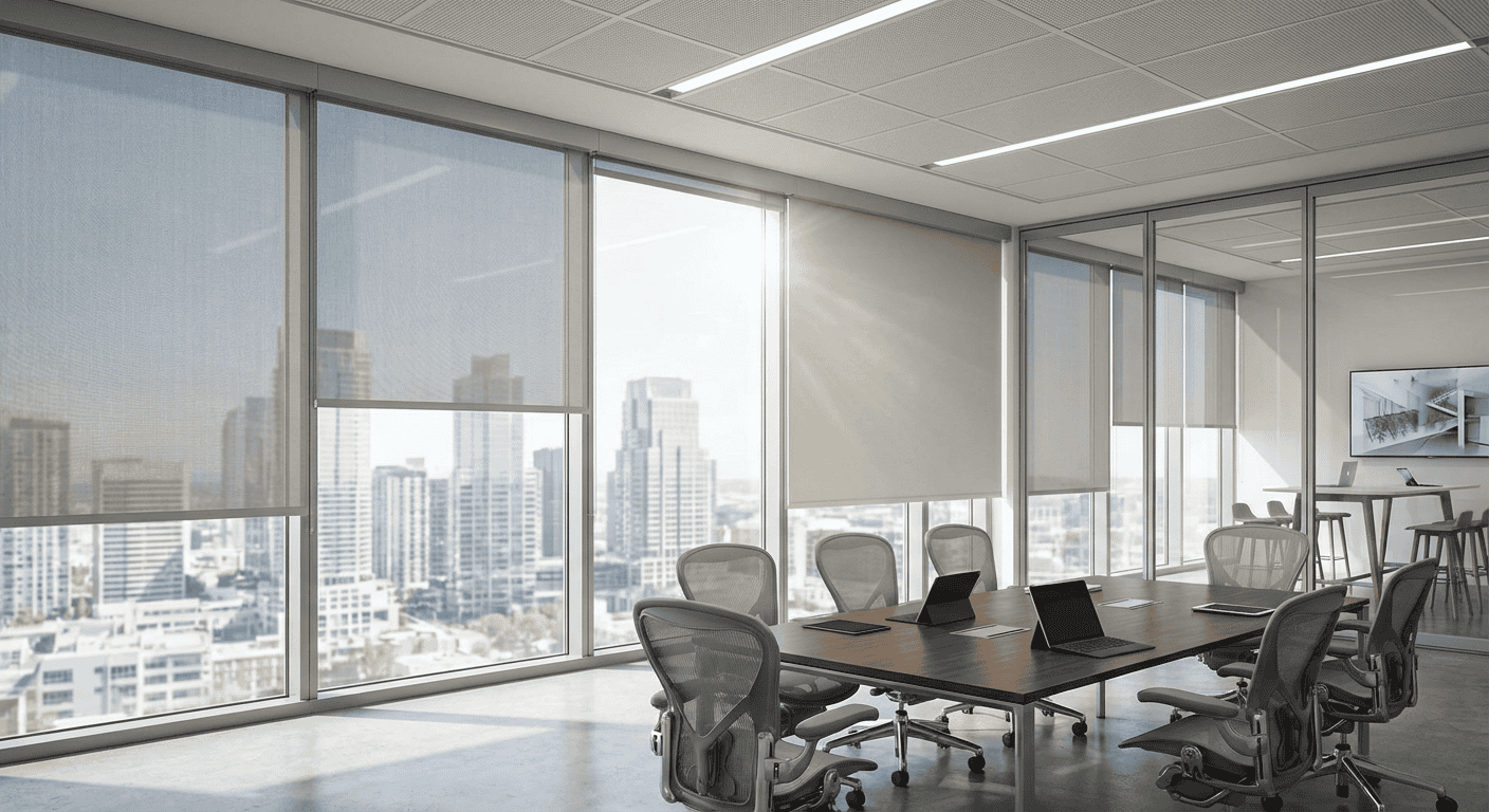 Office conference room with city skyline, glass walls, and ergonomic chairs.