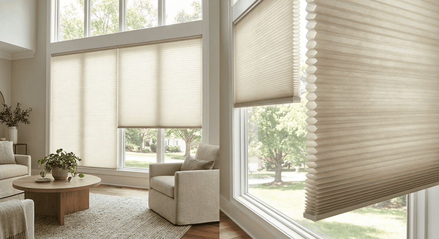 Bright living room with large windows and beige window blinds.