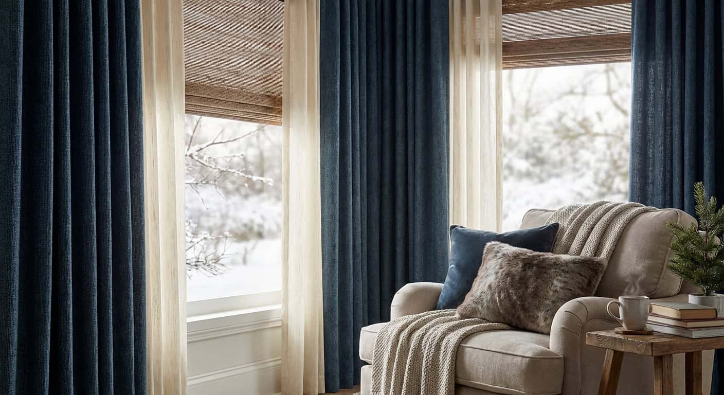 Cozy living room featuring elegant blue curtains and a comfortable beige sofa with decorative pillow.