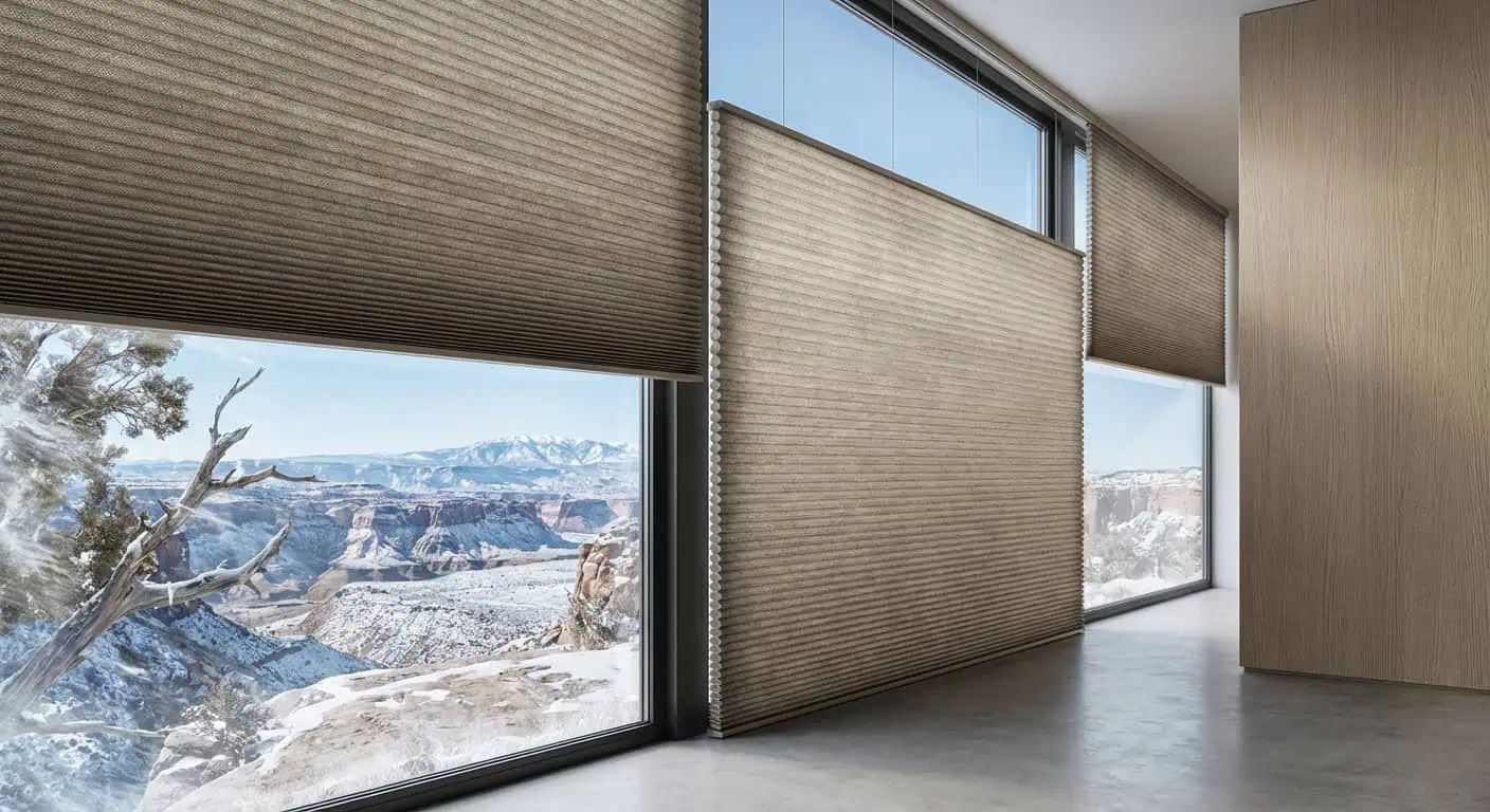 Bright, spacious room with floor-to-ceiling windows and beige window shades.