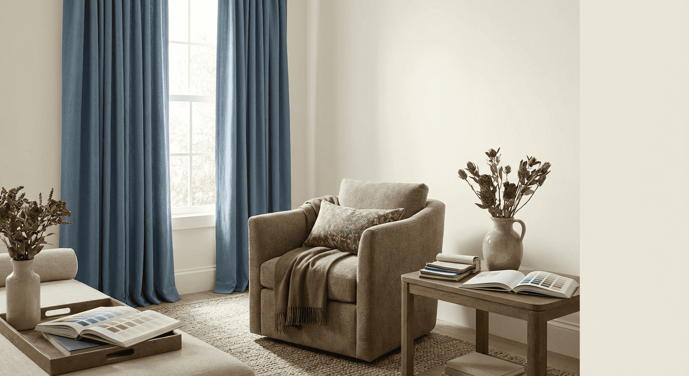 Comfortable living room featuring blue curtains, beige armchair, and decorative plants. Bright, invi.