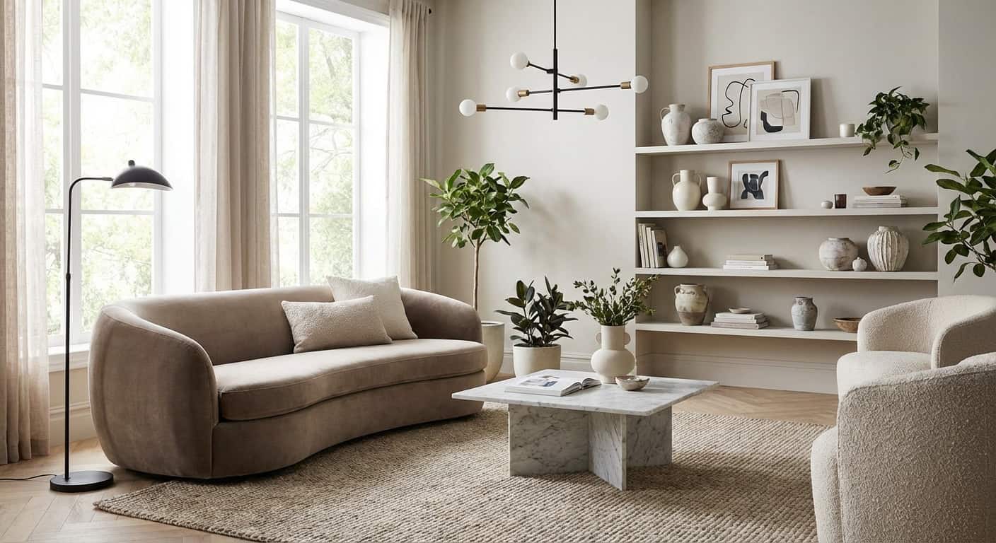 Bright living room with beige sofas, white shelves, and large windows.