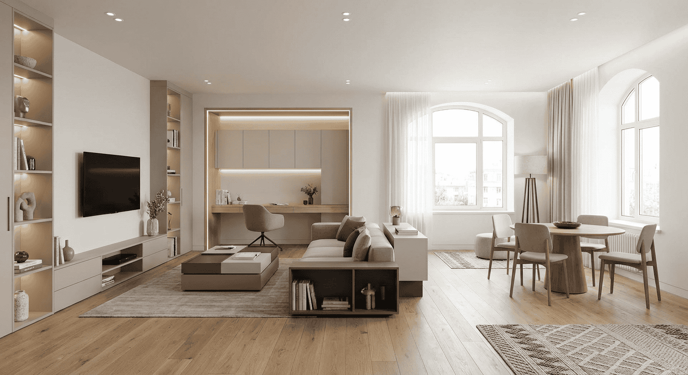 Bright living room with large windows, neutral tones, and contemporary furniture.