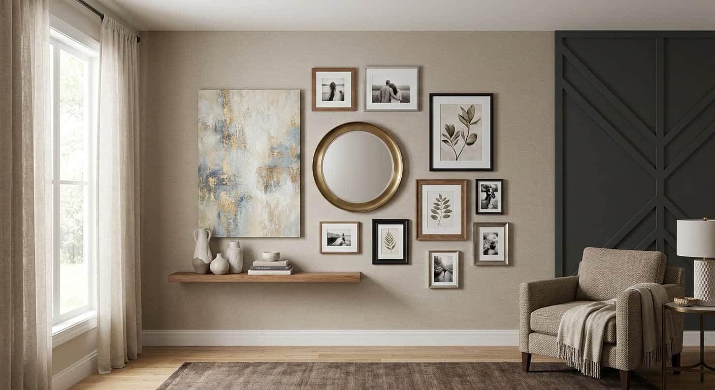 Gallery wall with framed art and mirror in living room.