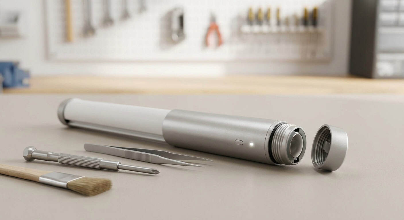 Electric milk frother with attachments on a kitchen countertop.