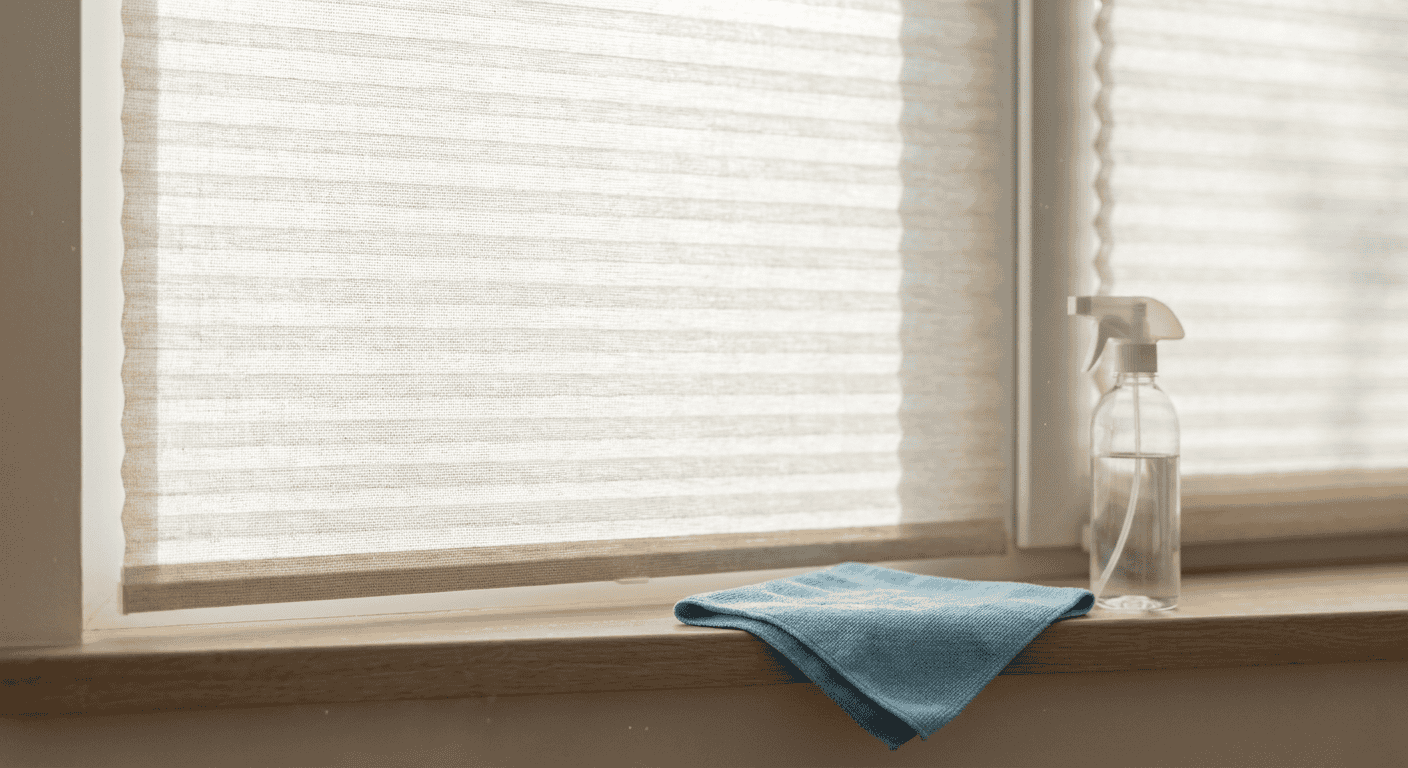 Window with closed blinds, spray bottle, and cloth on windowsill.