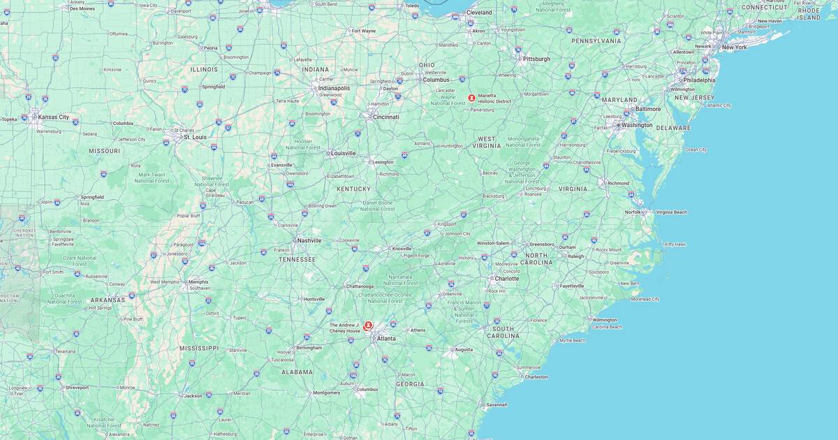Map of the US showing state boundaries and major cities.