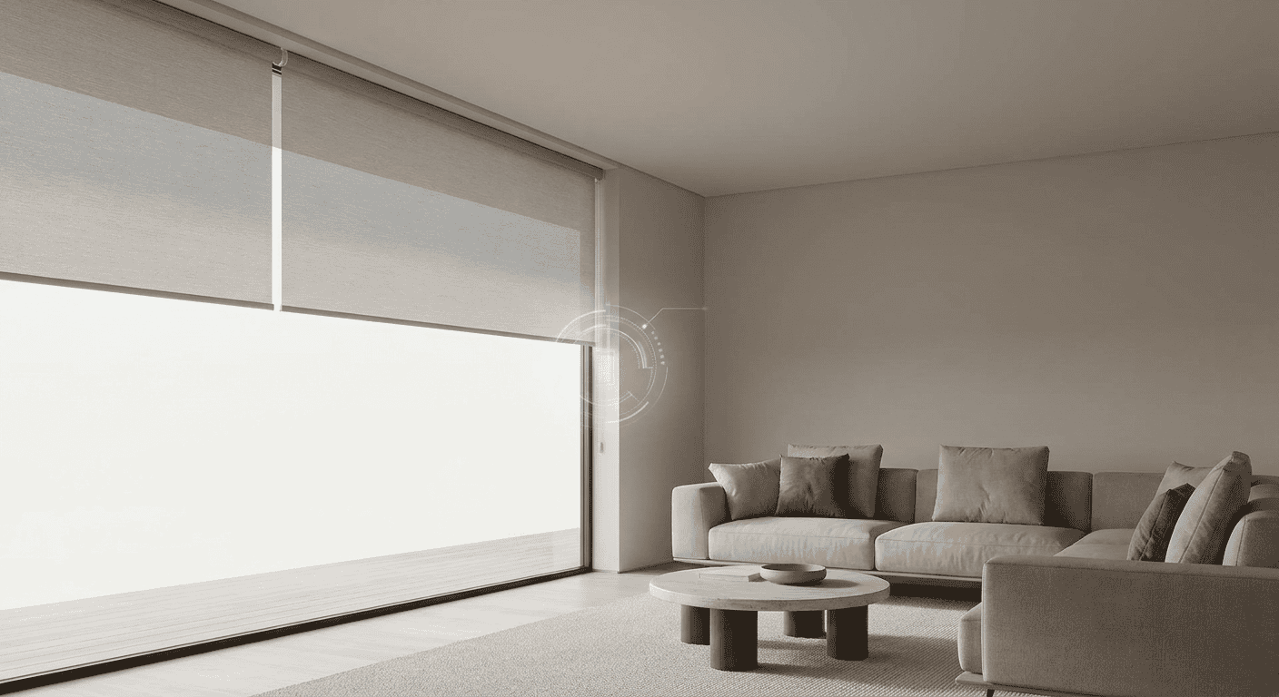 Spacious living room with large window, neutral sofa, and minimalist decor.