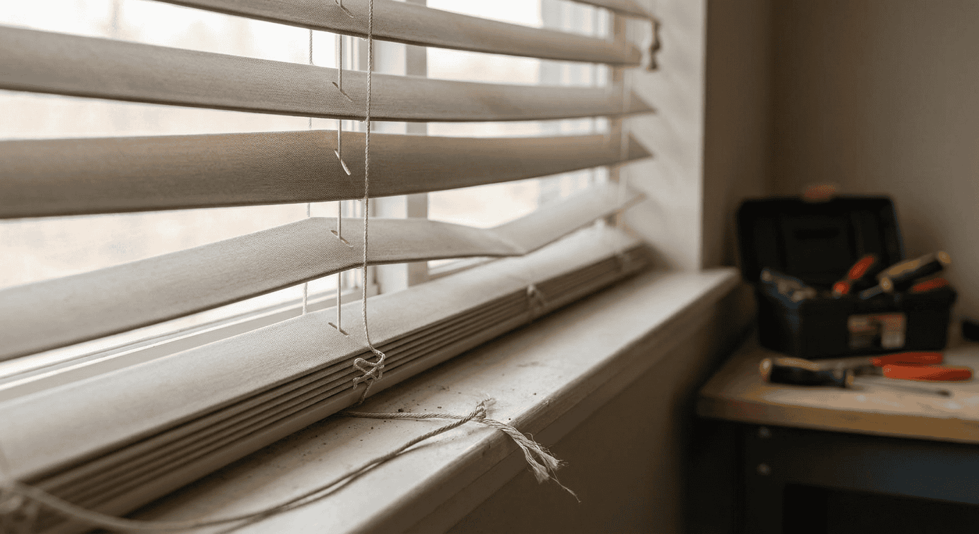 Close-up of window blinds with a toolbox and tools on a desk.