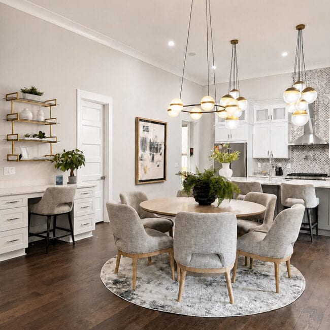 Bright dining room with round table, six chairs, and stylish lighting fixtures.