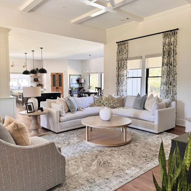 Bright and spacious living room with white sofa, large windows, and elegant decor.