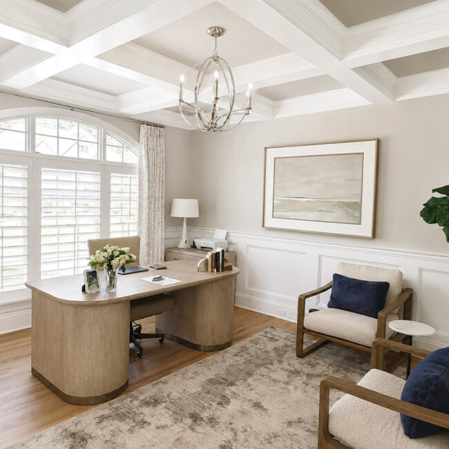 Bright home office with large window, wooden desk, and cozy seating area.