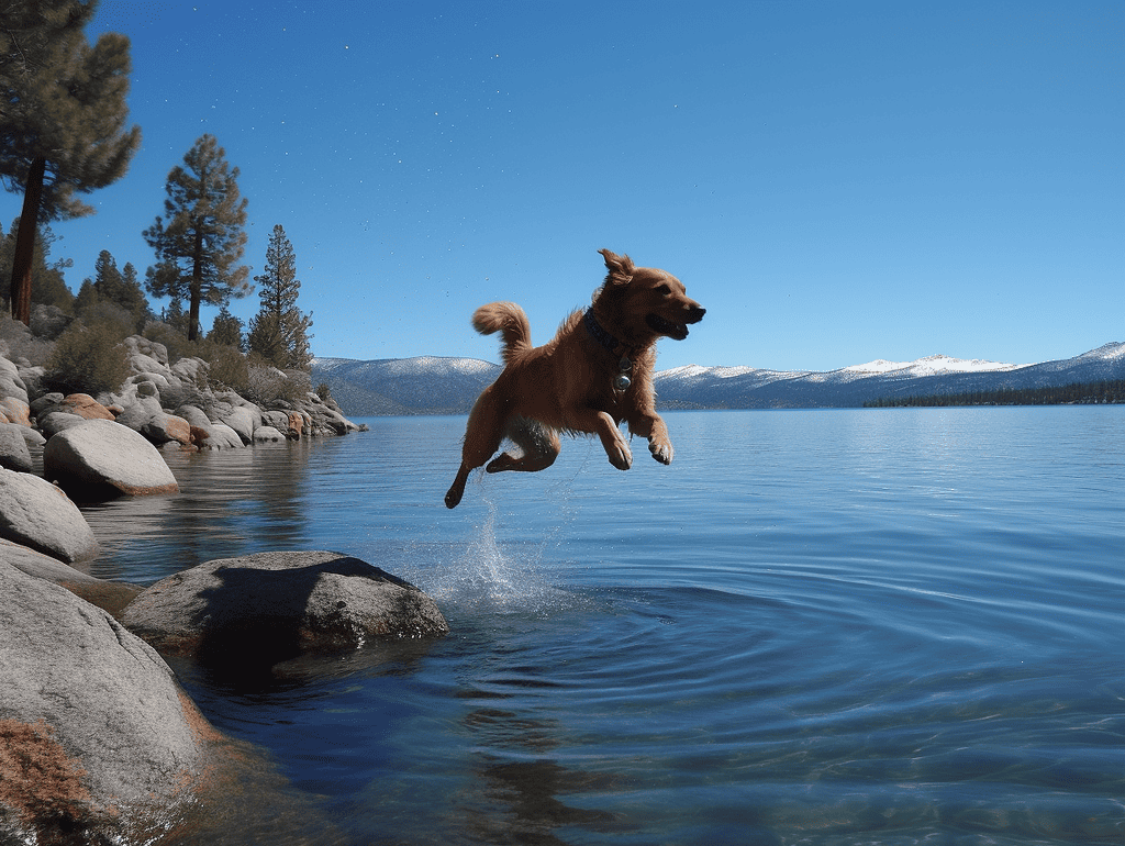 golden retriever dog leaps into Lake Tahoe