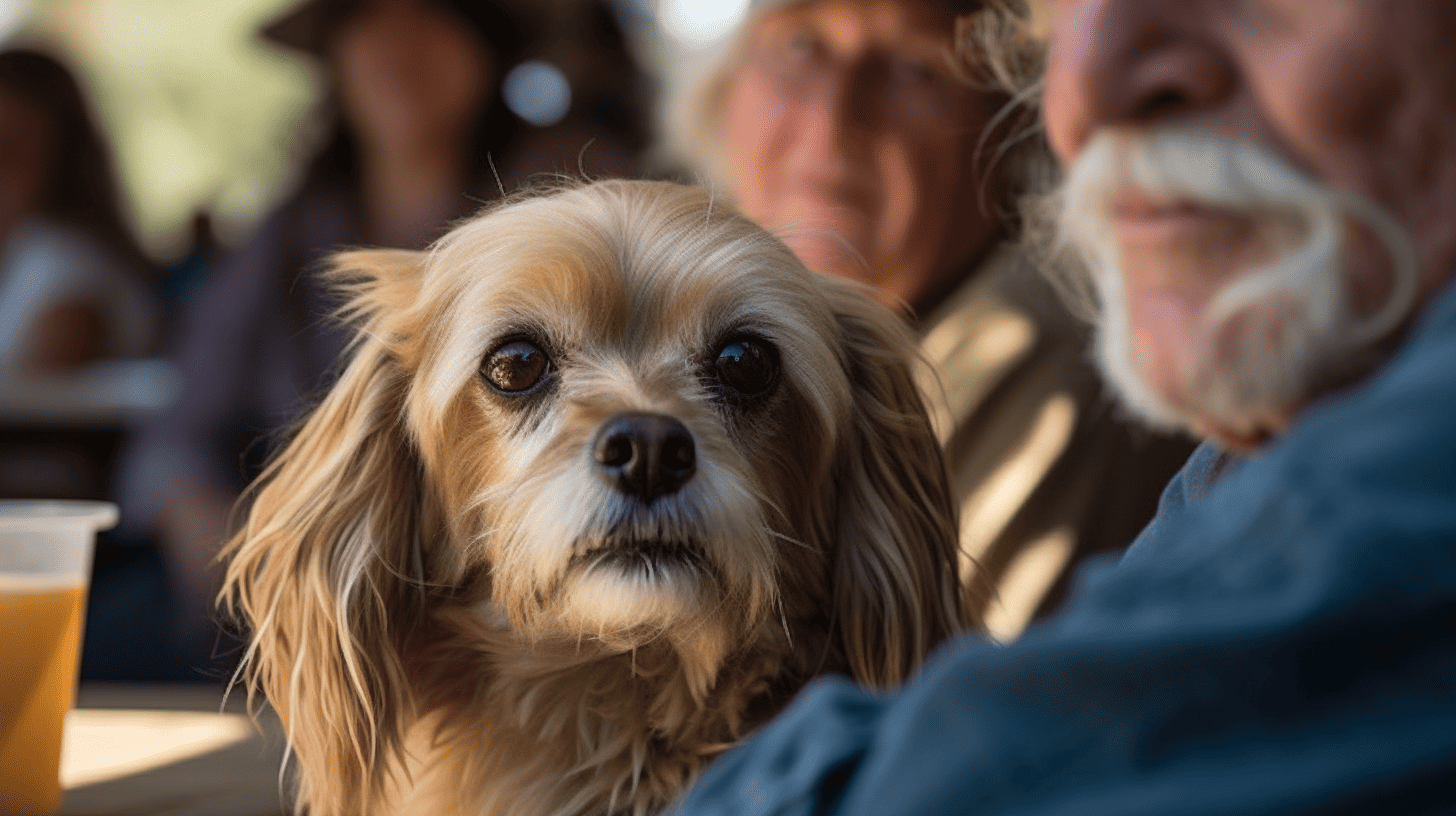 A vibrant dog park bathed in sunlight features abundant greenery with mature trees, offering ample shade for leisurely outdoor activities. In the distance is a well-equipped playground that presents an additional activity area. An inviting picnic table spreads out nearby, ideal for enjoying meals al fresco or taking relaxing breaks from play. A neatly-placed trash bin aids in maintaining the park's cleanliness for everyone's enjoyment. Dominating the scene is a generously wide dirt path gracefully curving through the expanse of grass, promising exploratory walks and lively fetch games.
