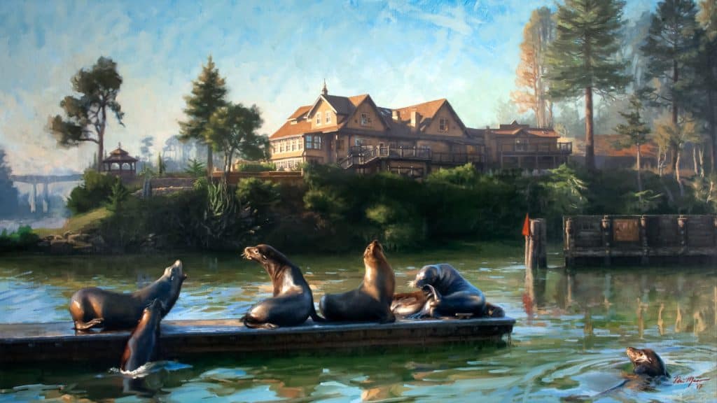 Noyo Harbor art with seals on a boat