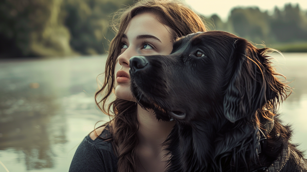 A young woman with wavy brown hair sits next to a large black-coated dog by a serene lake in Mendocino. She gazes thoughtfully to the side, while the blurred trees and water in the background create a peaceful setting.