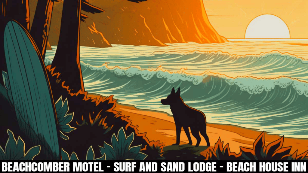 A beach at sunset in Mendocino County. A dog stands on the sand, looking toward the rolling waves. On the left, a surfboard is partially hidden by some plants. The scene is captioned: