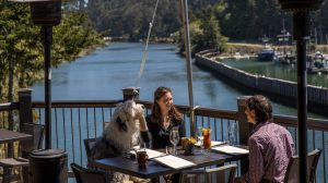 Two people and sheepdog at Noyo Harbor Inn restaurant deck
