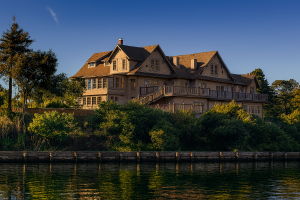 A large, multi-story house with beige siding and a wraparound deck stands among trees near Mendocino. The property borders a calm lake and features direct water access, open lawns, and walking paths suitable for dogs. Fenced sections of the yard provide safe play areas for pets. Dogs are welcome inside the house, which has wood floors and easy-clean surfaces throughout. Miles of hiking trails nearby offer additional options for outdoor exploration with your dog under clear skies.