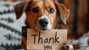 Adorable dog holding a "Thank You" sign, perfect for pet appreciation and gratitude themes on dog lover websites or social media.