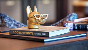 Dog head sculpture with glasses on