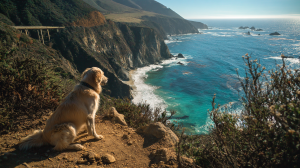 Golden retriever dog sitting on a coastal cliff overlooking the ocean, scenic landscape, dog trekking, outdoor adventure, pet-friendly travel, nature hike, dog lover destination, Pacific coastline.