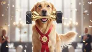 dog holding #1 hotel award