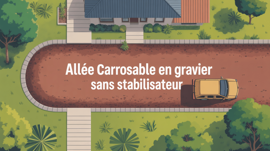 Vue aérienne allée carrossable gravier sans stabilisateur devant maison