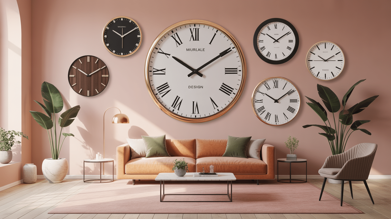 horloge murale design pour salon sur mur élégant avec mobilier contemporain