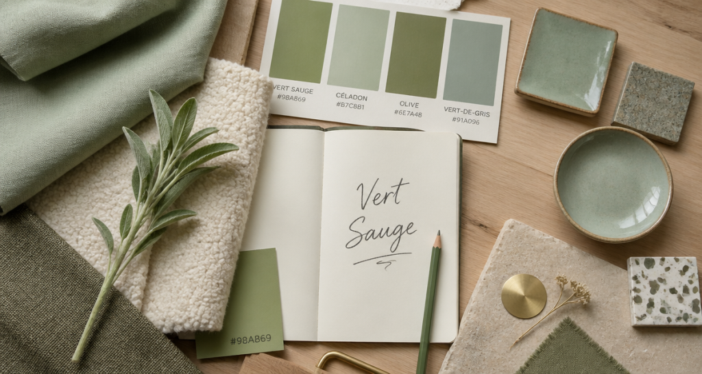 Moodboard couleurs vert sauge et matériaux naturels