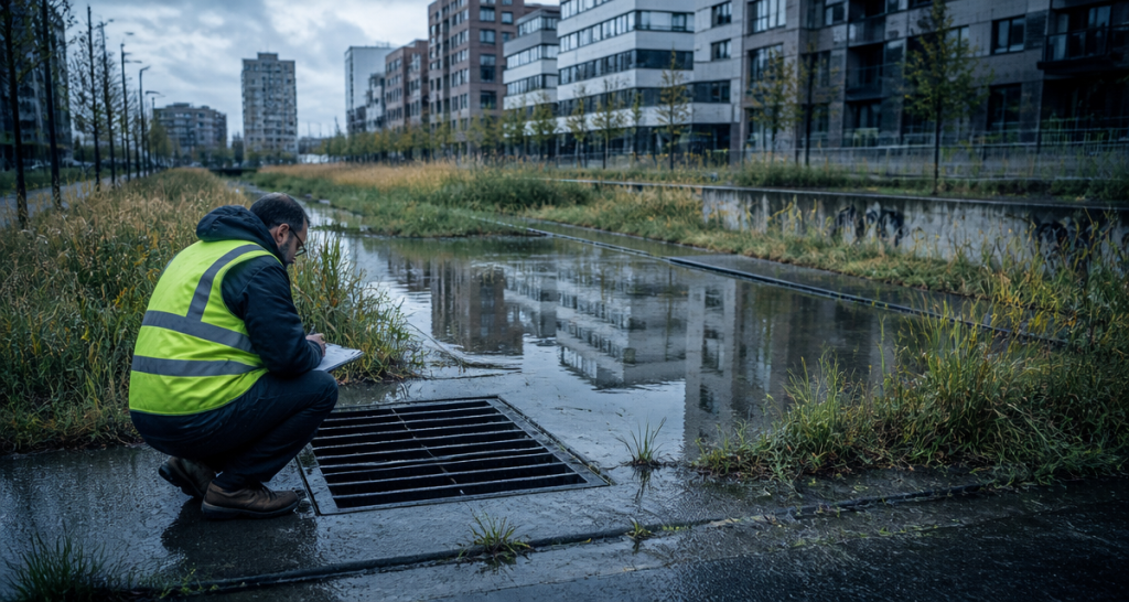 bassin de rétention urbain après pluie avec technicien