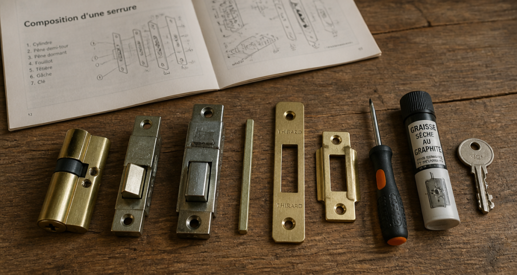 composition d une serrure pieces sur table