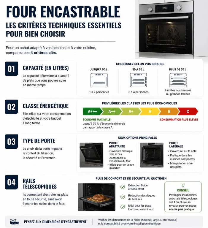 Infographie des critères techniques pour choisir le meilleur four encastrable : capacité, classe énergétique et options de sécurité.